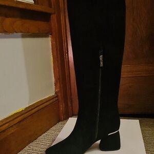 DKNY Black Suede Knee-High Block Heel Boots